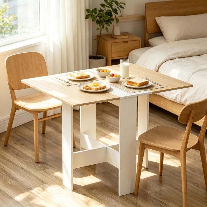Table pliante design - Design bicolore chêne et blanc - Dimensions dépliée : 103x76x74 cm