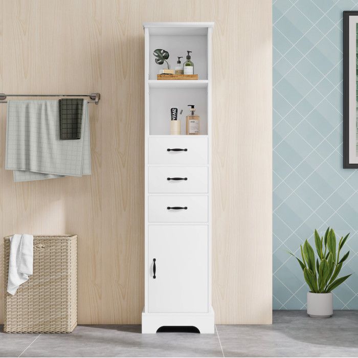 Colonne de salle de bain AESVAR 38 x 26 x 172 5 cm MDF laqué blanc 3 tiroirs porte et étagères réglables