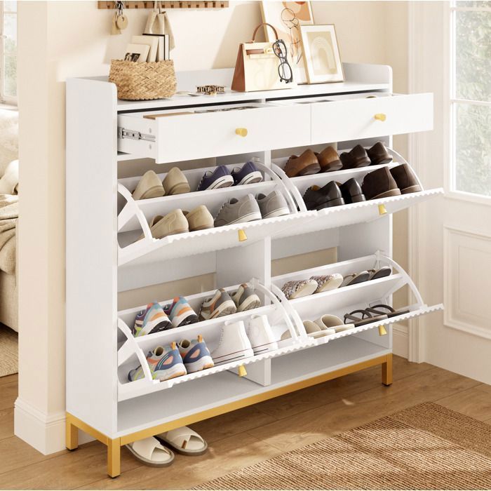 WUVRIE Meuble à chaussures à abattants 4 compartiments 2 tiroirs blanc 1065 x 25 x 107 cm