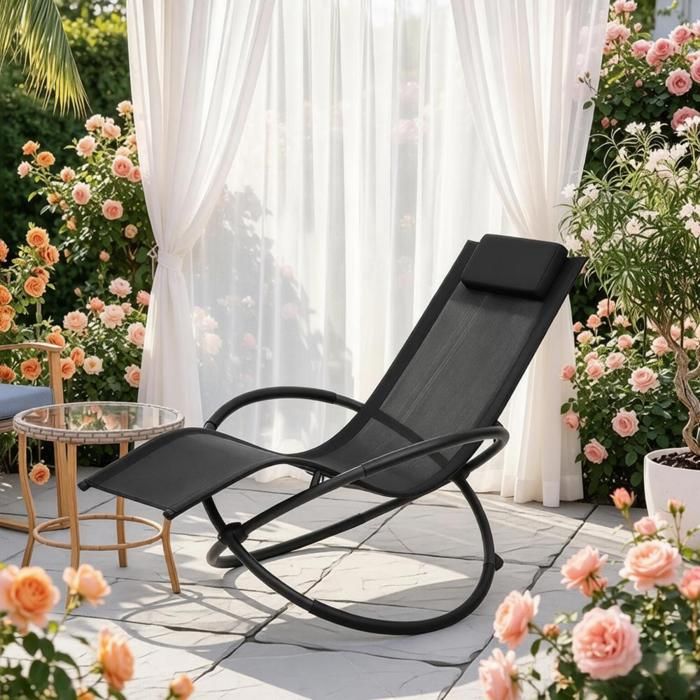 1 transat à bascule pour extérieur chaise longue avec coussin amovible et accoudoirs rembourrés