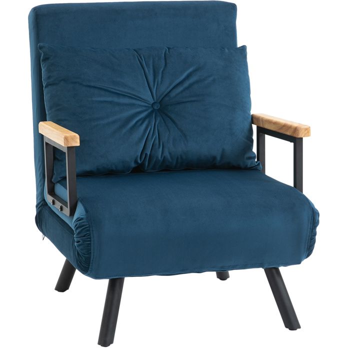 Chauffeuse convertible 1 place – Fauteuil lit bleu en polyester – dossier réglable 5 positions 63 x 73 x 81 cm