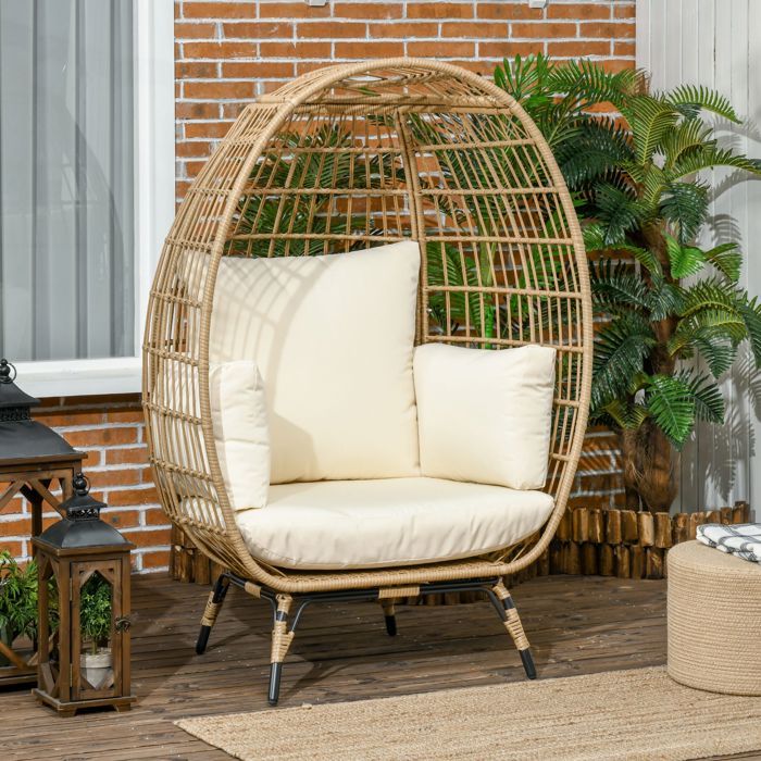 Fauteuil suspendu - ZEVKOR - Ovale - Résine tressée khaki - Pieds réglables - Coussins 12 cm