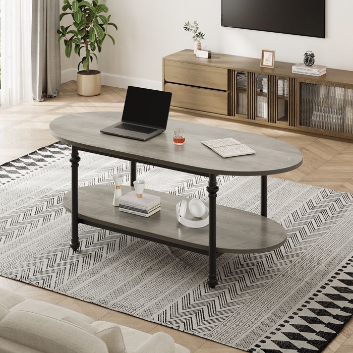 JOLLYTOP Table basse ovale 2 niveaux bois – vintage – Pieds métal style colonne romaine – Étagère ouverte spacieuse – gris