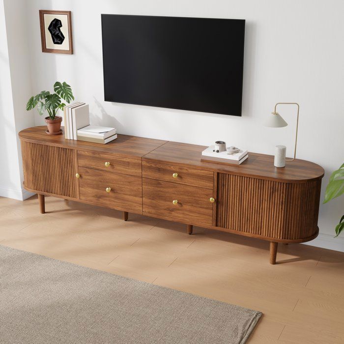 Meuble TV 180 cm - avec 2 Portes Coulissantes 4 Tiroirs Façades Ondulées en Relief Bords Arrondis Charge 70 kg - Effet  Noyer