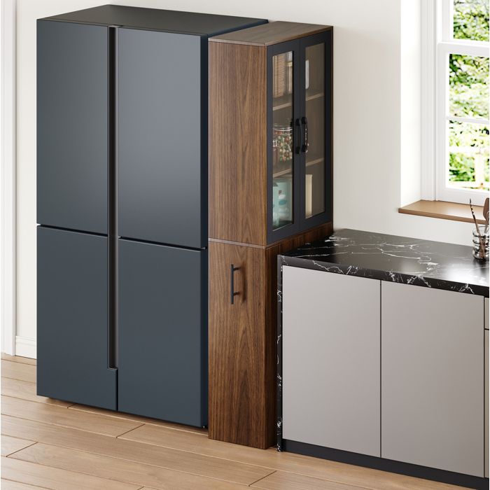 ULEVR Meuble colonne de cuisine étroit 60 x 30 x 180 cm portes vitrées chariot coulissant 4 niveaux noir et naturel