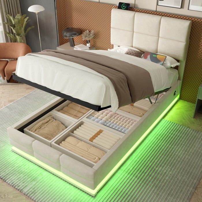 Lit en velours beige avec coffre de rangement - BLACKCOLOR - 90 x 200 cm - Tête de lit réglable - Éclairage LED gradable