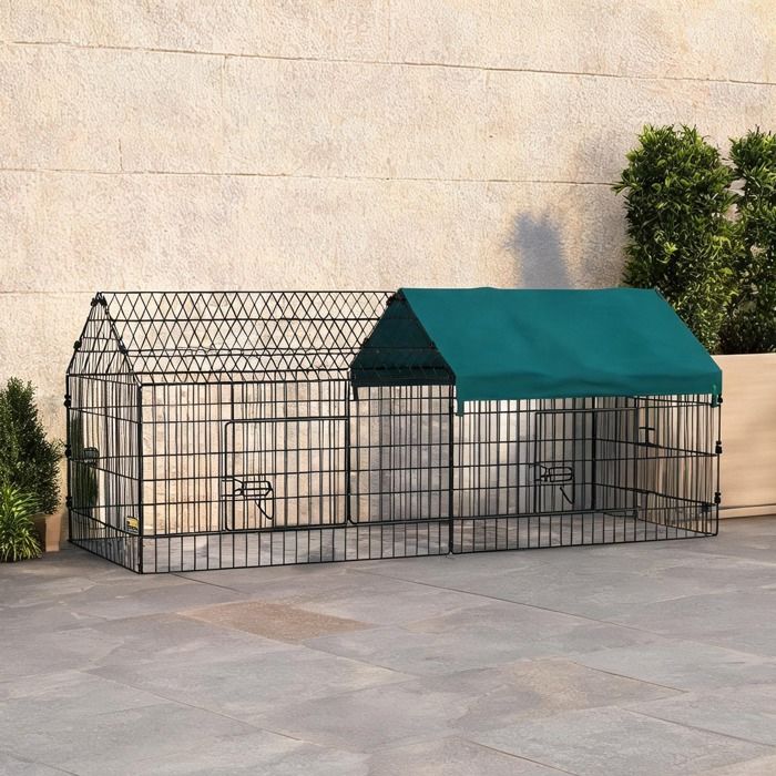 Parc enclos pour lapin extérieur 185x75x75 cm en acier avec toit ombragé et portes verrouillables