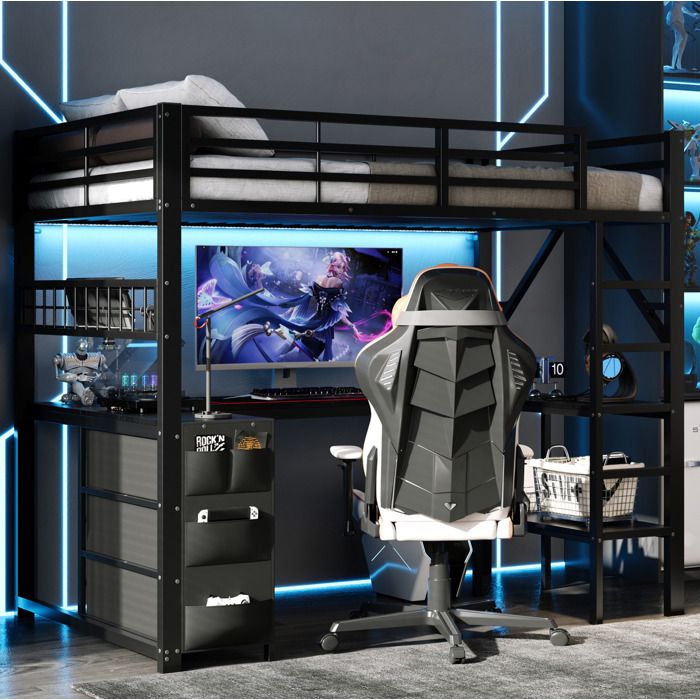 Lit surélevé gaming 90x200cm avec bureau 3 tiroirs et LED - Noir