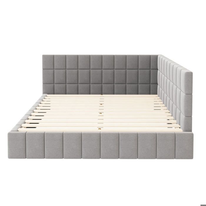 Lit banquette rembourré 160x200 cm en velours coloris gris matelas non inclus sommier à lattes inclus tête de lit