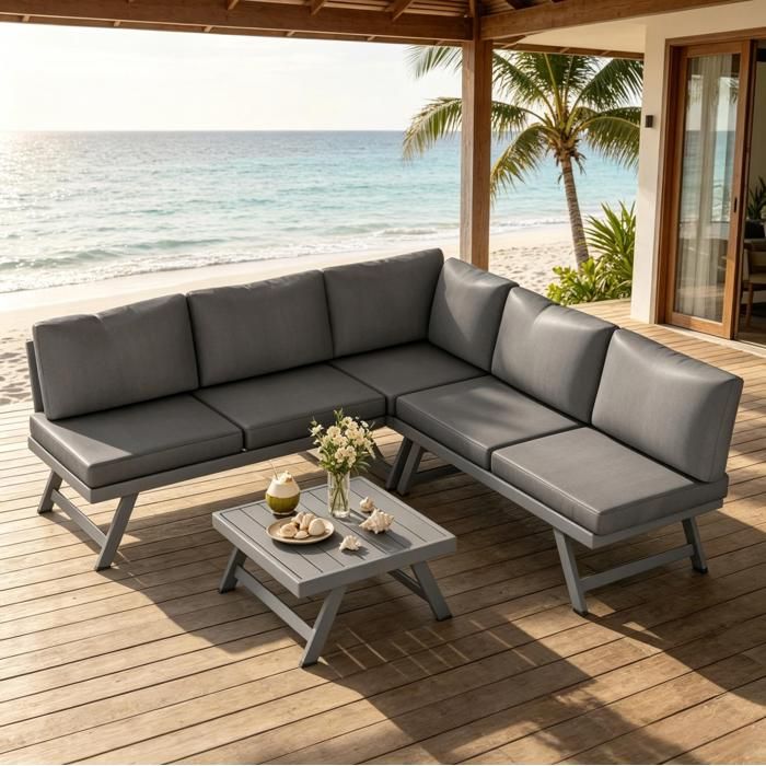 COVREO Salon bas de jardin dangle 5 places gris avec table basse et coussins