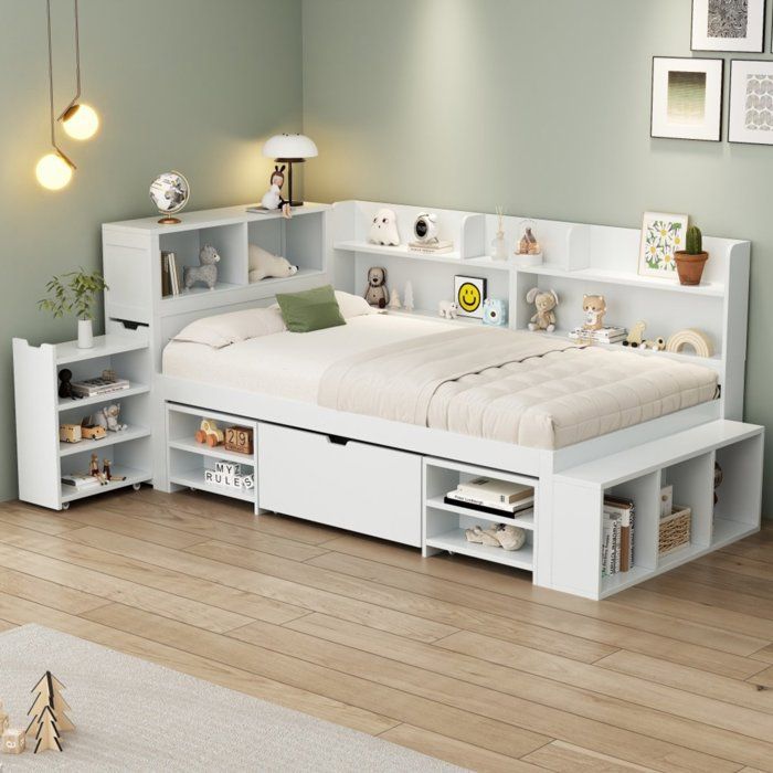 Lit enfant 90x200 cm blanc multifonction tiroirs bibliothèque rangements