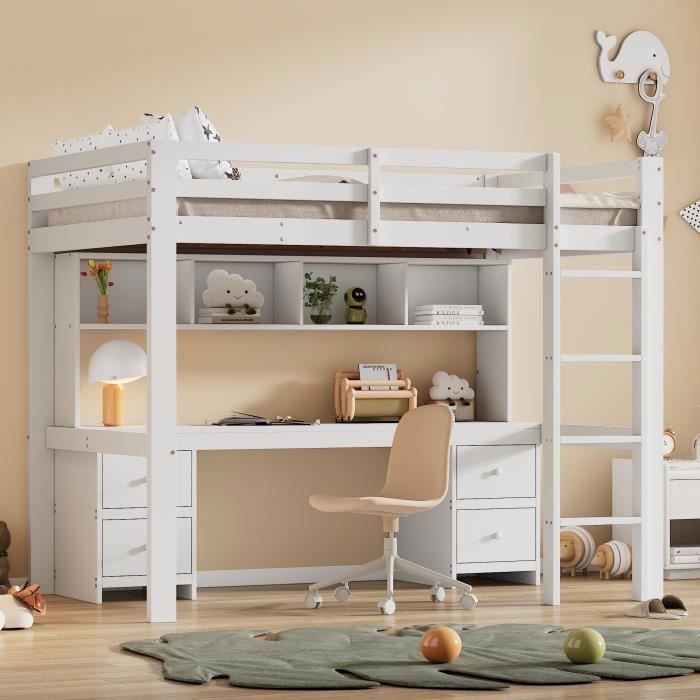 lit mezzanine enfant 90x200 cm avec tiroirs et bureau, barrières latérales hautes - bois de pin -aapaas - blanc
