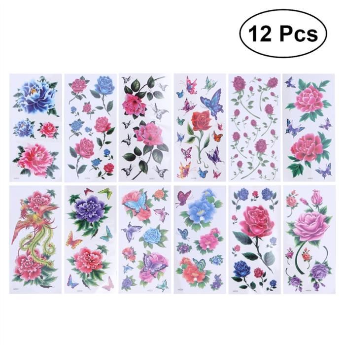 12 Feuilles De Tatouage Temporaire Rose Fleur De Pivoine Papillon Phoenix Tatouage Flash Pour Les Femmes