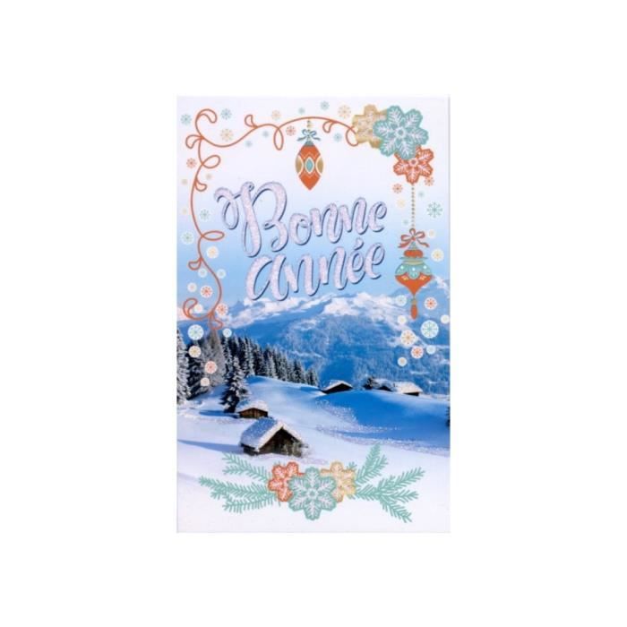 Carte De Vœux Bonne Année – Motif Hiver Avec Oiseau Rouge-gorge, Chalets Et Neige – Double, Avec Enveloppe