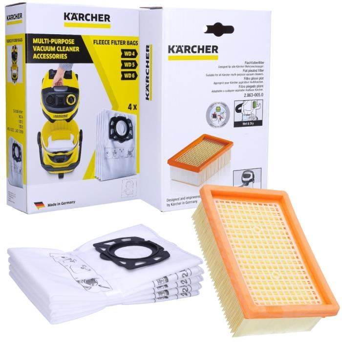 1x Sac-filtre tissus à fermeture éclair, réutilisable pour aspirateur  Karcher WD 4, WD 5, WD 6