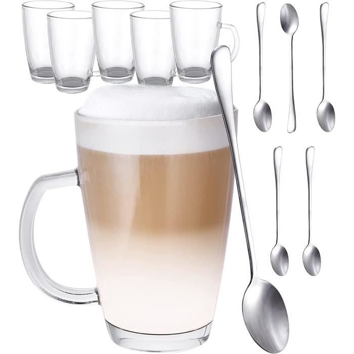 Lot de 6 Tasses à Latte Macchiato en Verre 300ml Avec Poignée Avec 6  Cuillères Conservent le Cafe Chaud [120] - Cdiscount Maison