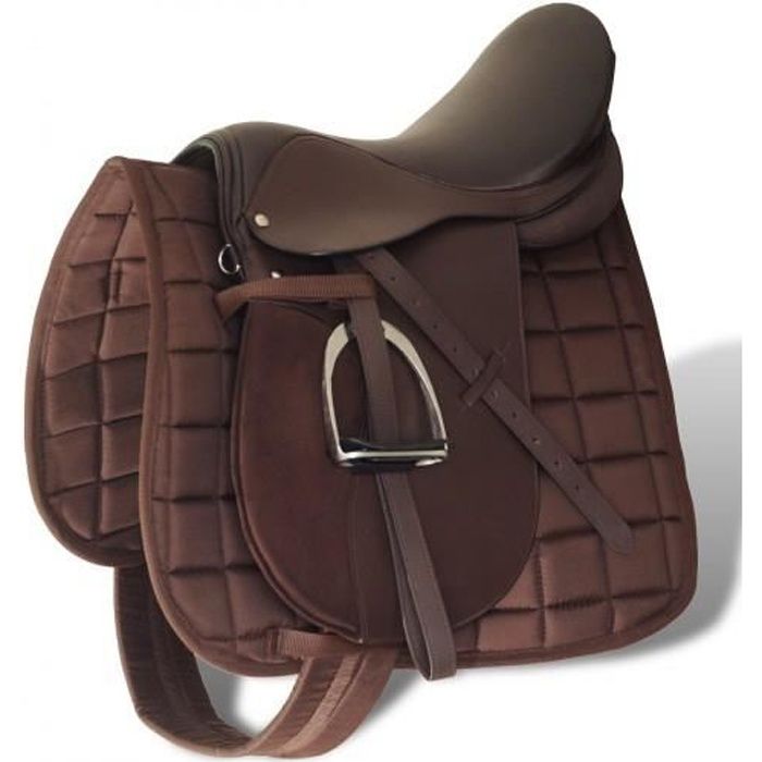 Set de selle équitation 17,5" en cuir véritable 12 cm 5 en 1 brun