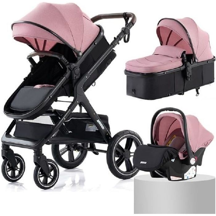 BAZARLAND30 Poussette 3 en 1 Bébé Combinée Siège-Auto Nacelle Trio Réversible Réglable Haute Qualité Roues increvables Canne.rose.