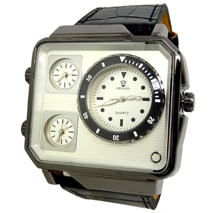 MONTRE HOMME 3 FUSEAUX HORAIRES NOIR ARGENT CUIR XXL BOSS CARRE CLASSIQUE CLASSE IDÉE CADEAU