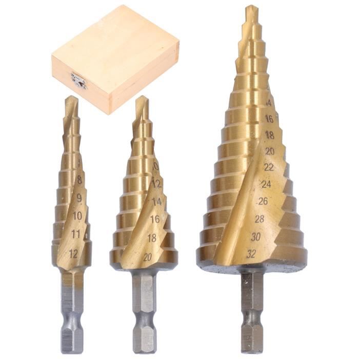 Foret étagé WADFOW 4-32 mm en titane HSS, tige hexagonale de 10 mm, pas Foret étagé WADFOW 4-32 mm en titane HSS, tige hexagonale de 10 mm, pas