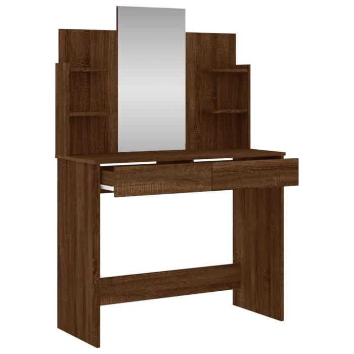 Coiffeuse - YOSOO - 96x39x142 cm - Chêne marron - Bois dingénierie - Miroir inclus