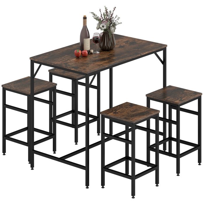 Ensemble table de bar - HOMCOM - industriel + 4 tabourets repose-pieds mobilier cuisine - métal bois - chêne noir