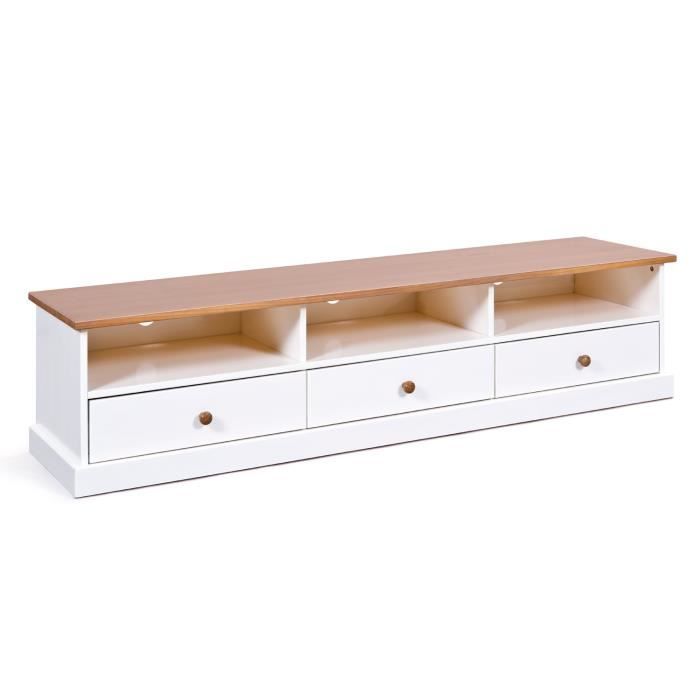meuble tv - homelife24 - style campagnard - bicolore blanc et brun - 3 tiroirs