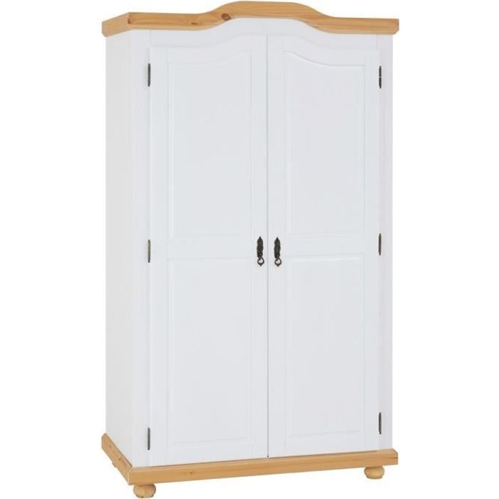 armoire münchen dressing penderie rangement vêtements avec 2 portes battantes 1 étagère et 1 tringle, en pin massif lasuré blanc