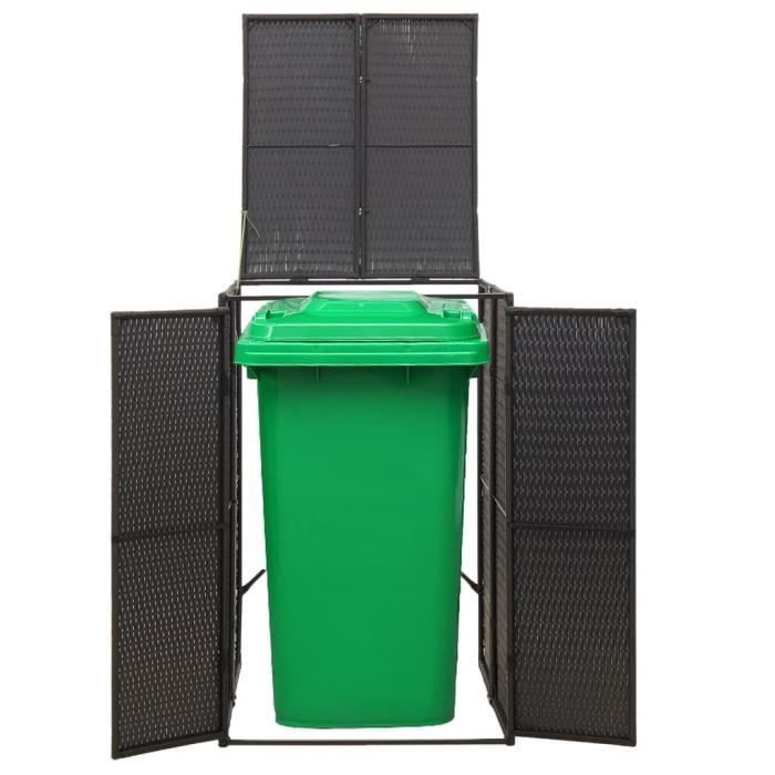 Abri Poubelle Résine Tressée Noir 70x80x117 Cm - Cache Conteneur Déchets Jardin Avec Portes Et Couvercle