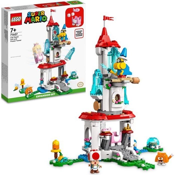 lego 71407 super mario ensemble d’extension la tour gelée et le costume de peach chat, figurine toad, jouet château, enfants 8 ans