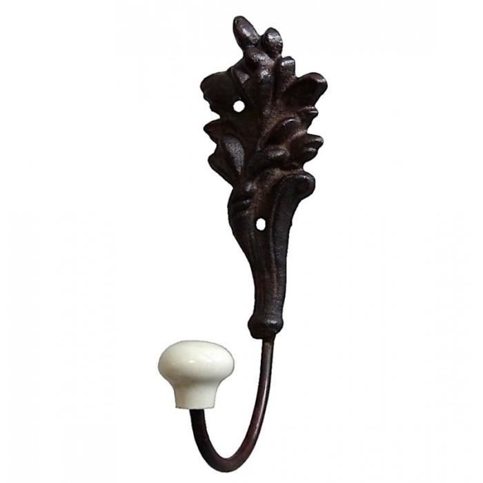 Patère Unique Crochet Porcelaine Porte Torchons ou Serviettes Motif Feuilles en Fonte Patinée Marron 5 5x6x14cm