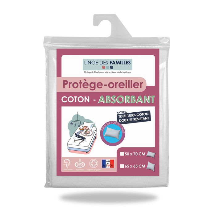 Protège Oreiller 65x65 cm - Doux et Absorbant - Molleton 100% Coton - Forme Housse à Rabat - Fabriqué en Europe - Linge des Familles