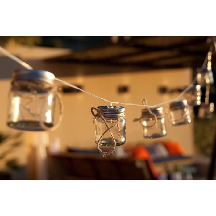 Guirlande solaire d'extérieur 10 bocaux en verre - LUMI JARDIN - Avec micro LED - Résistante à l'eau