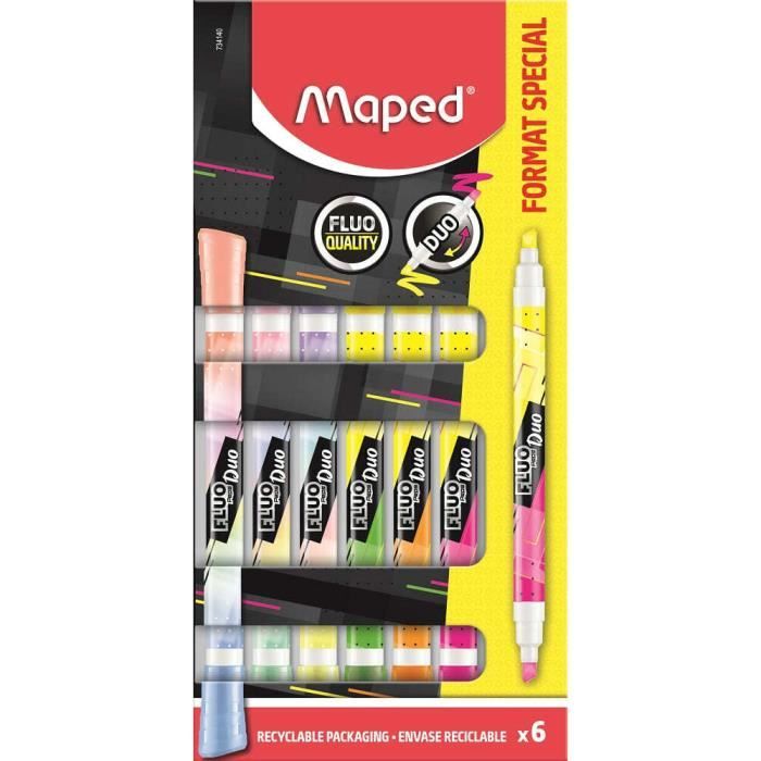 Surligneurs Maped Fluo'Peps Classic - Pochette De 6 Couleurs Fluorescentes | Résistants, Sans Bavures