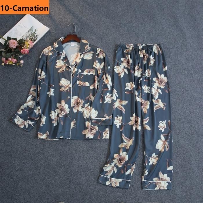 Pyjama en soie long,Ensemble pyjama à manches longues pour femmes ...