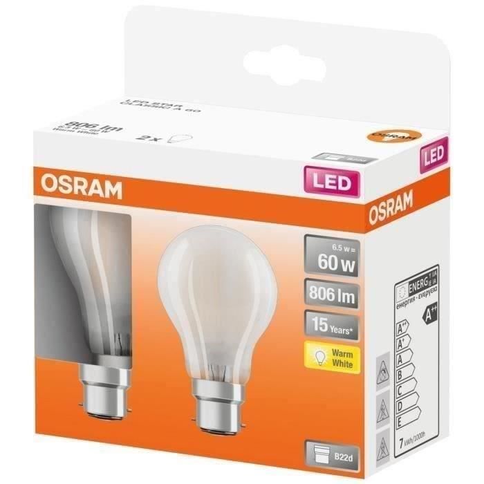 OSRAM - Boite de 2 LED std verre dépoli 6.5W b22 806lm 2700K chaud
