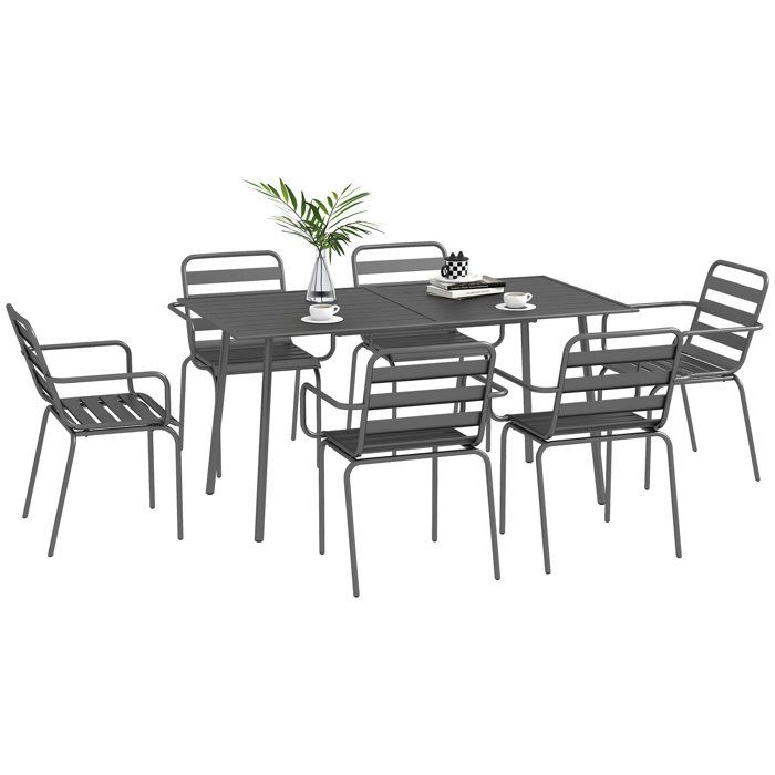 Salon de jardin Outsunny ensemble salle à manger de jardin 7 pièces avec 1 table et 6 chaises empilables en acier gris foncé