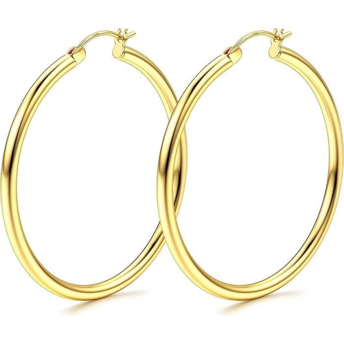 Boucles D'oreilles Créoles Ovales 30mm - Argent Sterling 925 Plaqué Or Jaune - 3mm D'épaisseur