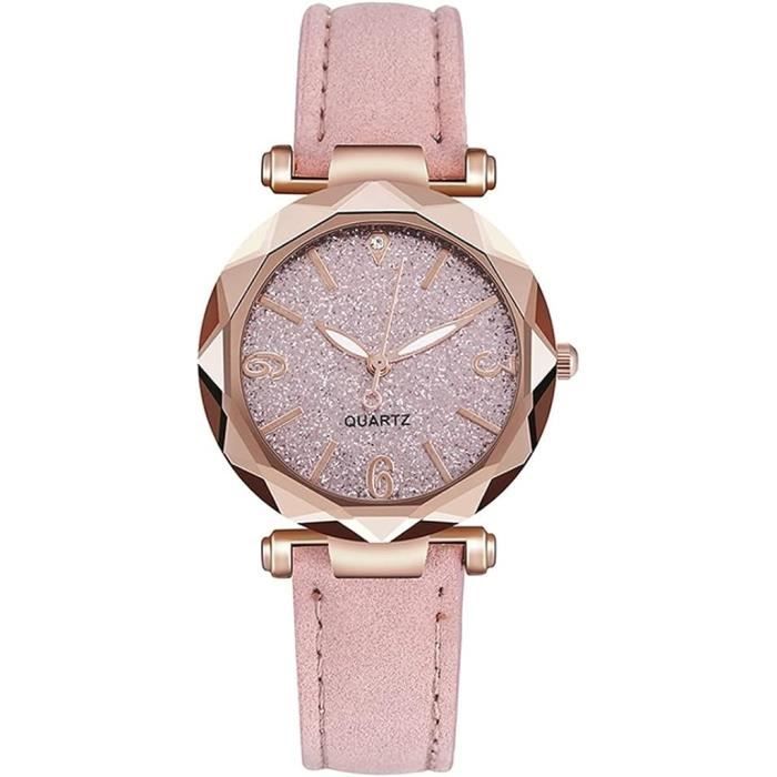 Montre Femme Acier Doré Rose Bracelet Cuir Blanc