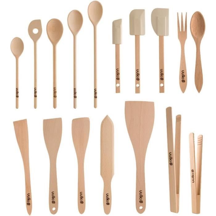 Set 7 Ustensiles Cuisine En Bois Non Toxiques Ziruma - Cuillères Et Spatules Naturelles Sans Colle