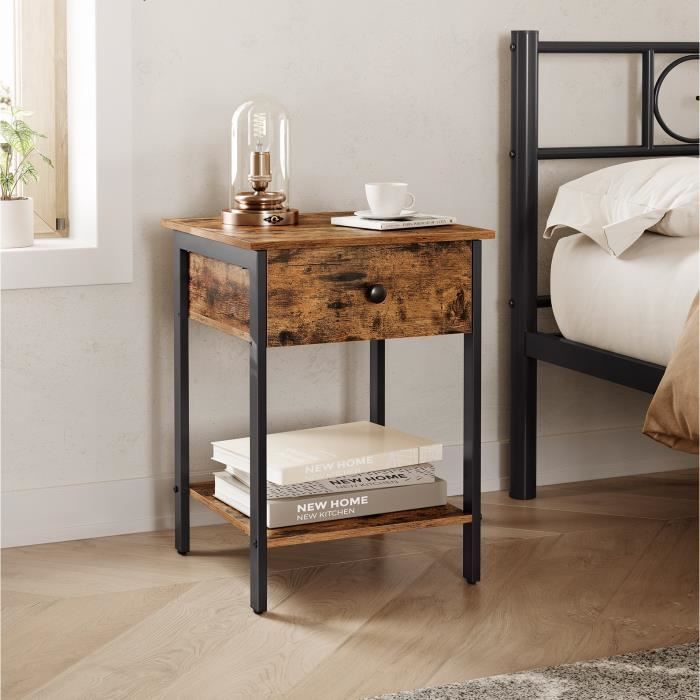 vasagle table de chevet, avec tiroir, étagère, 40 x 40 x 55 cm, style industriel, marron rustique, table d'appoint, let55bx