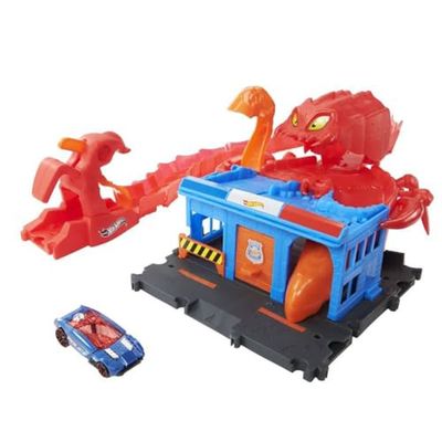 Hot Wheels City Coffret L’Attaque du T-Rex avec 1 Voiture, Course à Travers Un Grand looping pour vaincre Le T-Rex, Circuit Cascade et Course, Jouet