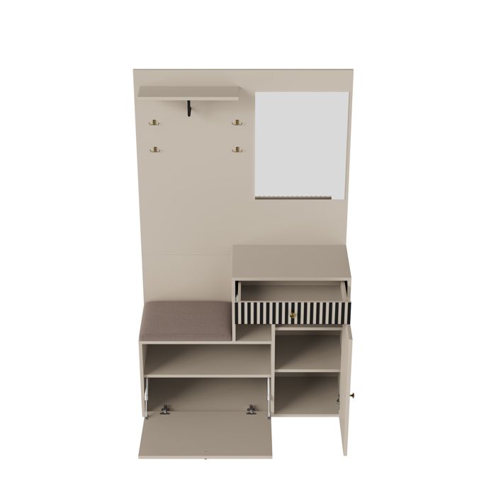 ModernLuxe Penderie 4 pièces avec Miroir et Banquette, Meuble vestiaire, élégant et Compact avec 4 Crochets à vêtements, Barres et étagère, Porte-Manteau Mural Pratique