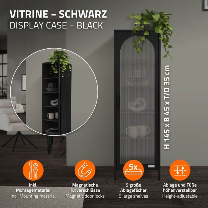 Vitrine étroite ML-Design noire 45x145x35 cm en acier avec porte unique ...