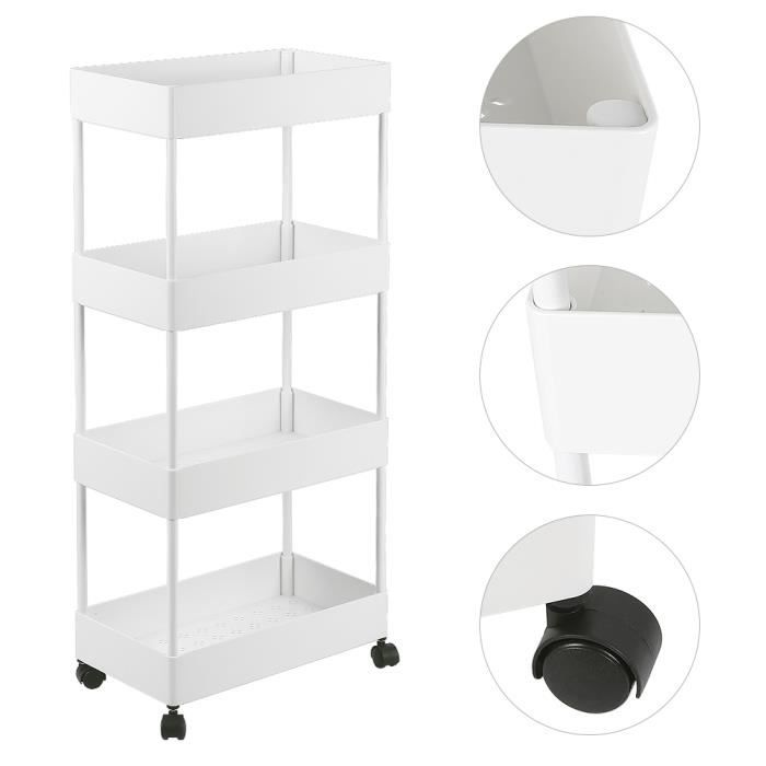 Chariot Rangement MAKLIK 35x24x100cm - Étagère Mobile Roulettes, Plastique Blanc
