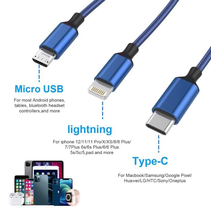 1.8M Câble Multi USB 3 en 1 Multi Chargeur USB Câble chargeur multi embout  en Nylon Tressé avec Micro USB Type C Lightning A708 - Cdiscount Téléphonie