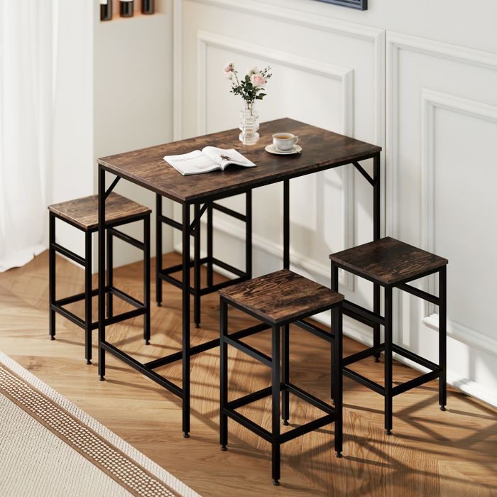 Set Table Bar Industriel HOMCOM + 4 Tabourets - Bois Chêne Et Métal Noir - Style Loft
