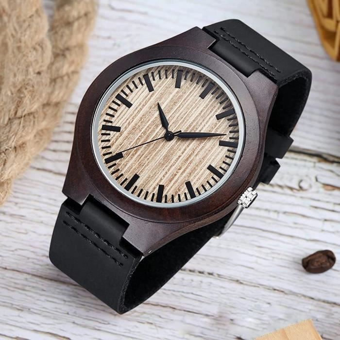 Montre Homme En Bois Gravure Mouvement Quartz Analogique Avec Bracelet En Cuir Facilement R glable Cadeaux D Anniversair H949