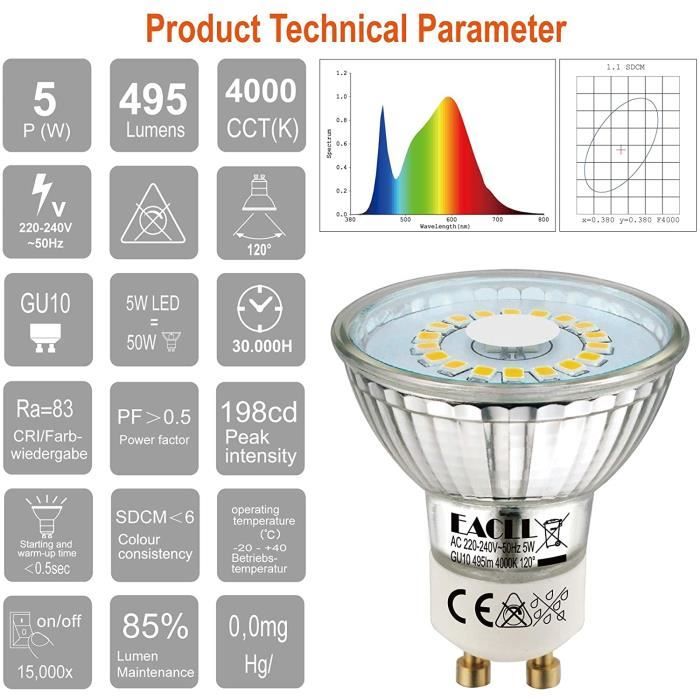 EACLL Ampoules LED GU10 Blanc Neutre Source de lumière 5W 4000K 495 Lumens,  Équivalent incandescence halogène 50W. 120 ° Large Faisceau, AC 230V Spots  à Réflecteur Sans Scintillement, Pack de 6 