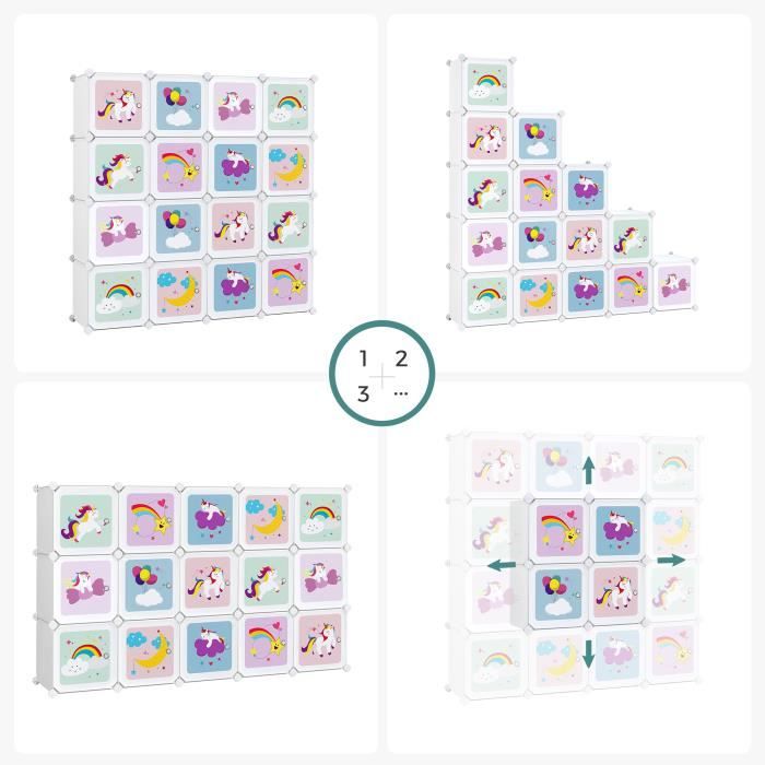 Armoire Rangement Enfant 12 Cubes Avec Tringles - Meuble Modulaire Motif Espace - 109x37x145 Cm - Blanc/Rose - 4